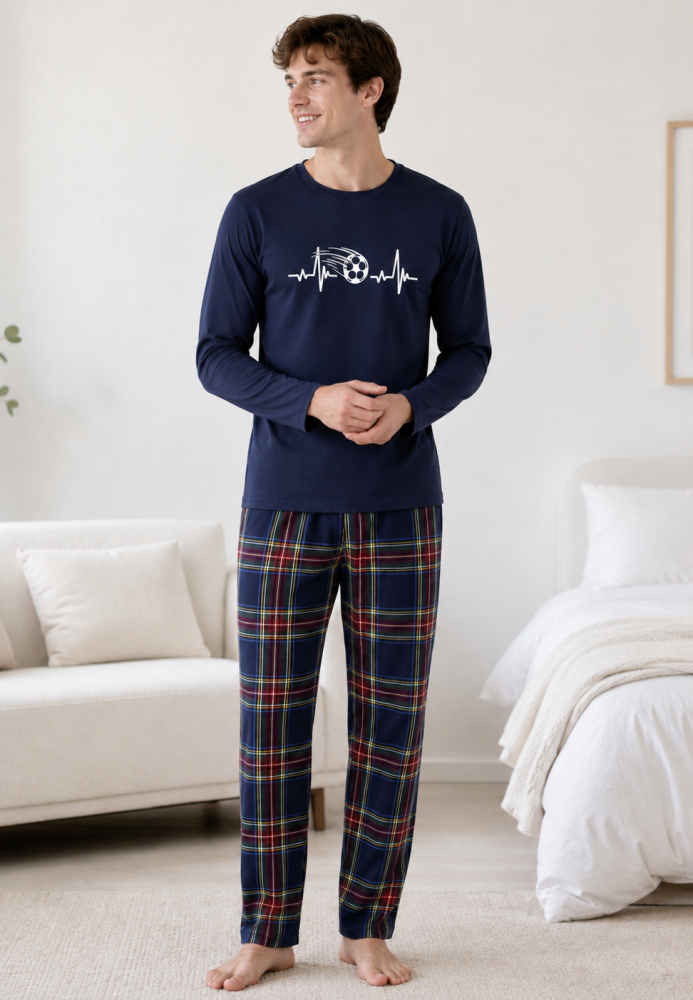 Pijama barbati Serena cu maneca lunga si pantalon lung-Bleumarin,Engros